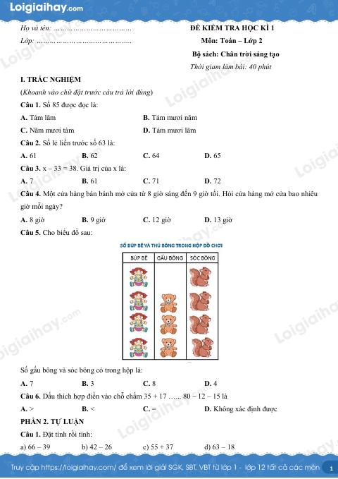 Đề kiểm tra học kì 1 Toán 2 Chân trời sáng tạo - Đề số 8